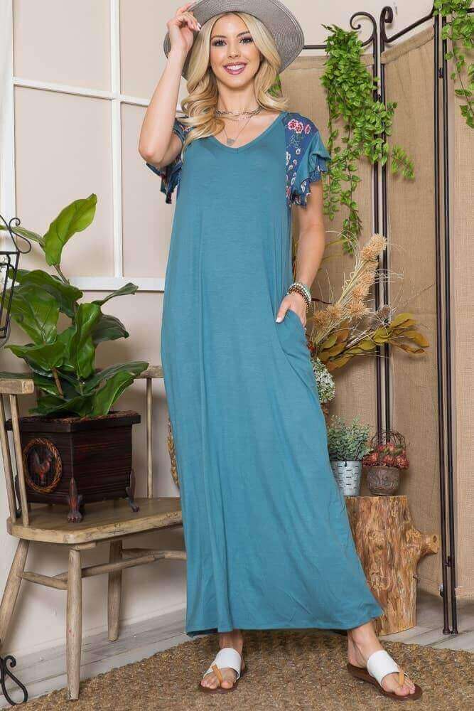 Blue Floral Sleeve Maxi Dress | 2FruitBearers